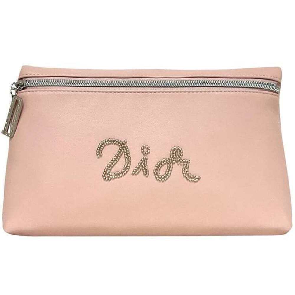 Christian Dior Pouch Clutch Pink BEAUTE Case Synthetic Leather Zip Rhinestone